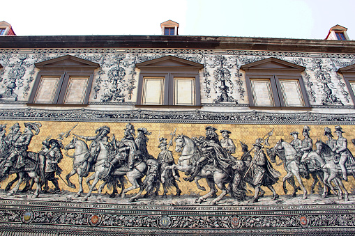 Dresden, Germany - July 2014: Procession of Princes (Fürstenzug) on the outside wall of Dresden Castle.