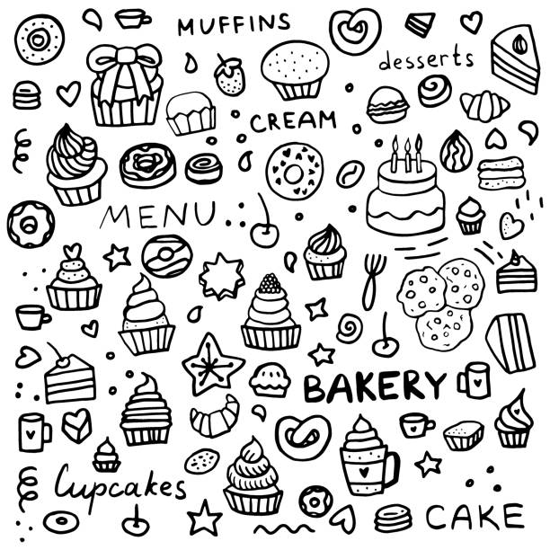 illustrazioni stock, clip art, cartoni animati e icone di tendenza di cottura del doodle in bianco e nero. set da forno: muffin da dessert, cupcakes, pasticcini e torte - muffin coffee cartoon cake