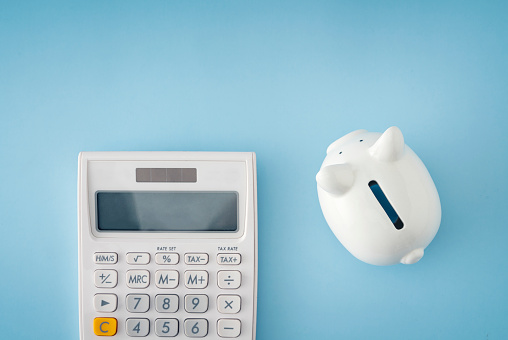 Banking, Blue Background, Calculator, Ceramics, Coin Bank