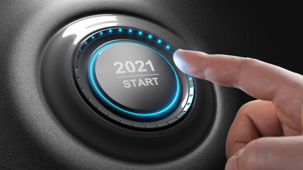 2021 - press the start button. concept of the new year. 3d illustration - year 2002 imagens e fotografias de stock