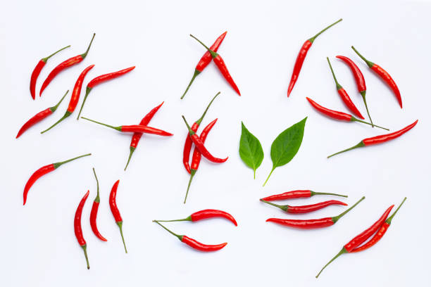 istock Hot chili peppers on white background 1294957787