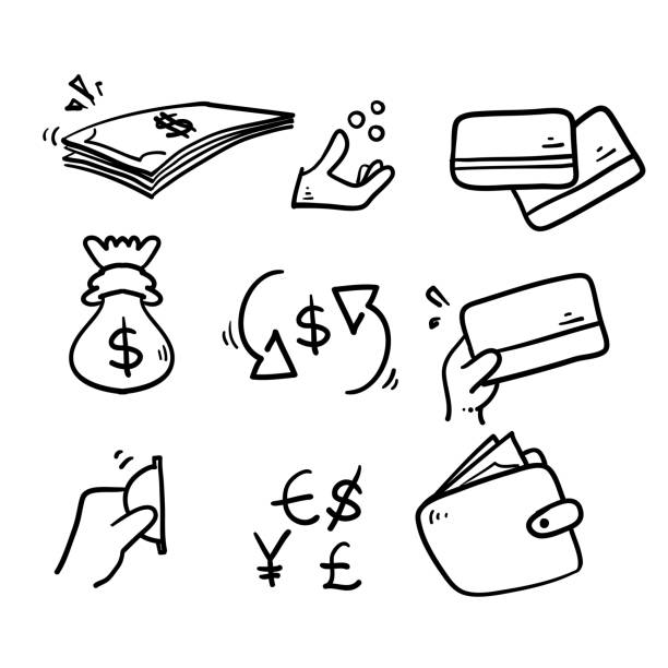 ilustraciones, imágenes clip art, dibujos animados e iconos de stock de garódlo dibujado a mano conjunto simple de iconos de línea vectorial relacionadas con el dinero en el estilo de arte de línea vector aislado - cash register wealth coin currency
