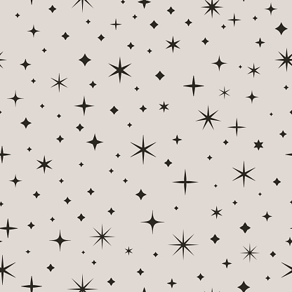 Starry Sky Seamless Pattern. Space Vector Background in Minimal Trendy Style. Abstract Geometric Texture with Star Different Shapes for print on textiles , wrapping paper, wallpapers
