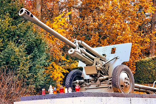 an old military cannon stands as a monument to the second world war.Monument to the defense of the war of 1941 in the Moscow region, the stremilov line