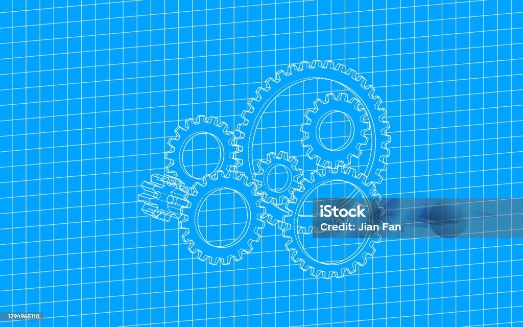 Gear Design With Blueprint Style Grid Pattern Raster Illustration Stock