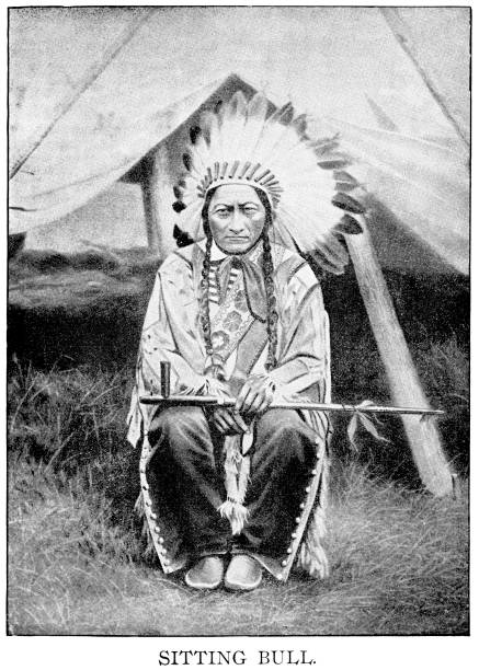 앉아있는 황소의 하프톤 프린트, 헝파파 라코타 족장 - native american north american tribal culture tribal chief headdress stock illustrations
