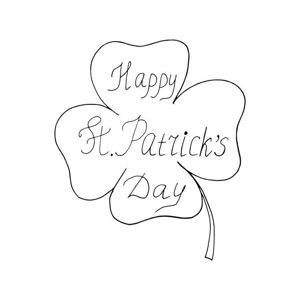 illustrations, cliparts, dessins animés et icônes de trèfle à quatre feuilles et lettrage happy st. patricks day icône, carte modèle, affiche, autocollant. croquis dessiné à la main style doodle. vecteur minimalisme monochrome. symbole de chance. - clover st patricks day four leaf clover luck