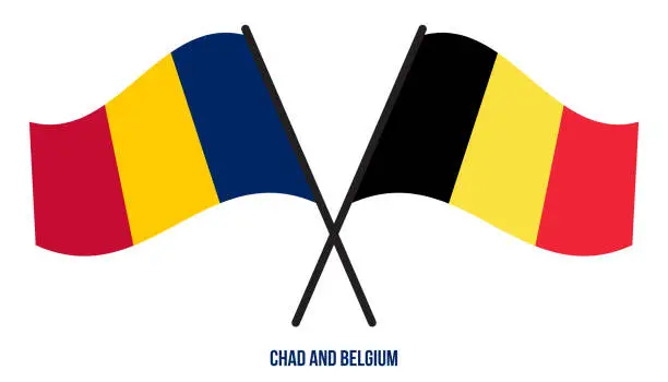 Vector illustration of Chad and Belgium Flags Crossed And Waving Flat Style. Official Proportion. Correct Colors.