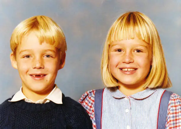 Photo of Yearbook double portrait of a boy and girl with blond hair