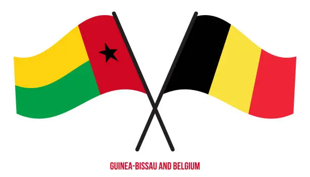 Vector illustration of Guinea-Bissau and Belgium Flags Crossed And Waving Flat Style. Official Proportion. Correct Colors.