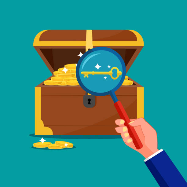 look at the keys in the treasure chest. The concept of the key is a treasure. vector look at the keys in the treasure chest. The concept of the key is a treasure key package stock illustrations