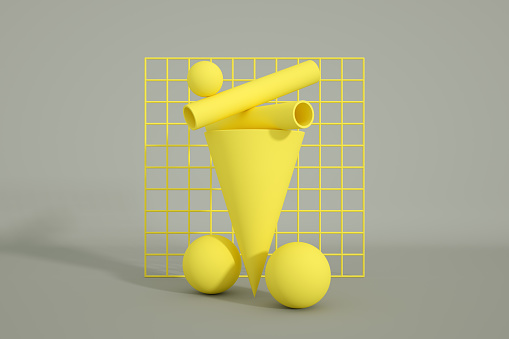 3d rendering of primitives, geometric shapes background. Pantone 2021 colors Ultimate Gray and Illuminating Vibrant Yellow.