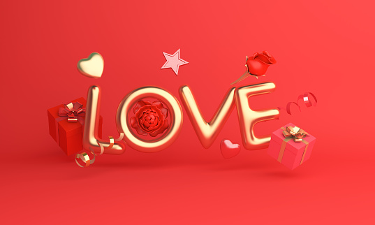 Happy valentines day decoration with heart shape, gift box, love text balloon with copy space, 3D rendering illustration