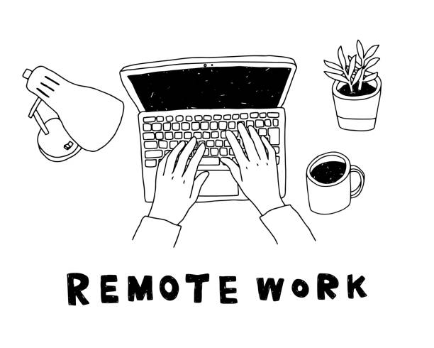 illustrations, cliparts, dessins animés et icônes de illustration de doodle du travail à distance. il y a des ordinateurs portables et des lumières, des plantes, des tasses à café et des mains. - teletravail