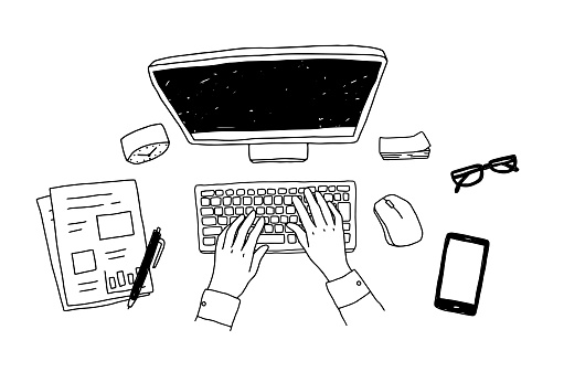 Illustration of a desk at work in the office or at home.
There are documents, pens, watches, hands, keyboards, mice, desktop PCs, sticky notes, and smartphones.