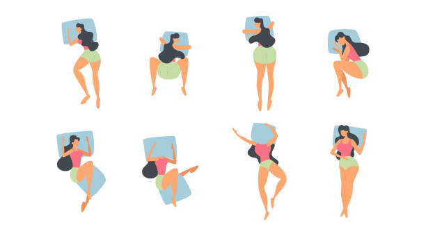 illustrations, cliparts, dessins animés et icônes de ensemble plat d’illustrations vectorielles de pose de femme - sleeping lying on back couple bed