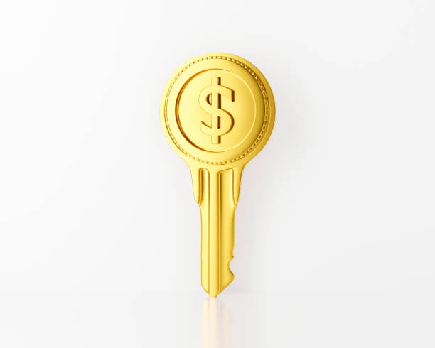 golden key money isolated on white background abstract. 3d rendering for open bank design, financial success business concept. metal dollar sign. - skeleton key imagens e fotografias de stock