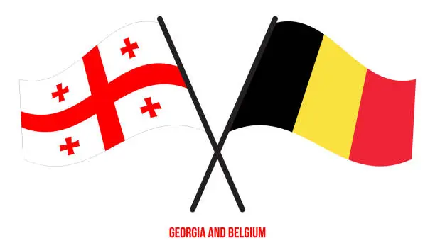Vector illustration of Georgia and Belgium Flags Crossed And Waving Flat Style. Official Proportion. Correct Colors.