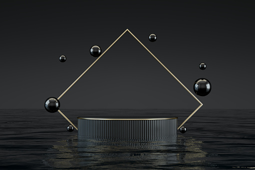 3D rendering of Empty Product Stand, Platform, Podium on the Sea for the presentations. Minimal design. Black background.