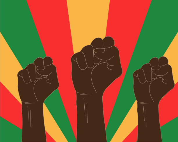 Black history month banner An illustration of three raised black fists. Black history month banner template. African culture appreciation. Celebrated in February in the USA and Canada, and in October in the UK. african-american-ethnicity stock illustrations