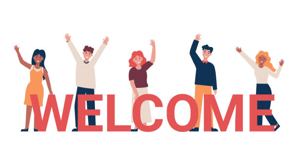 welcome concept team of people Set of different nationality people greeting gesture, waving hand. Concept new team member. Flat vector cartoon illustration. greeting illustrations stock illustrations