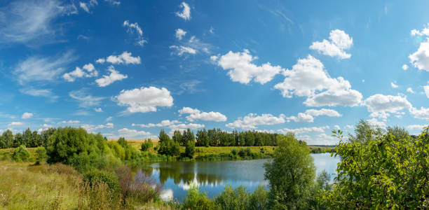 istock Bright summer panoramic landscape with beautiful lake and green hills 1294997191