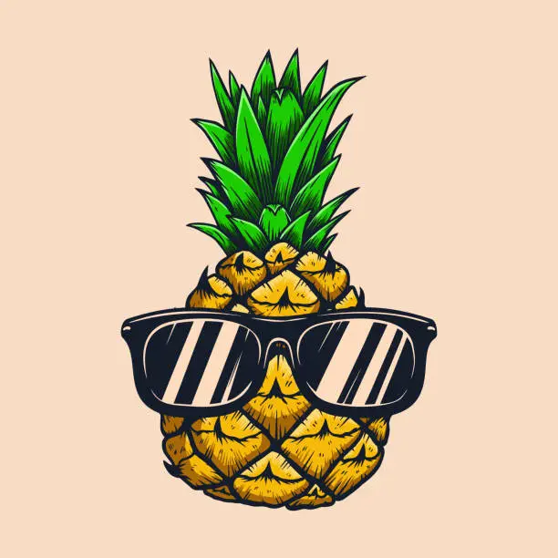 Vector illustration of Illustration of pineapple with sunglasses in engraving style. Design element for poster, card, banner, sign. Vector illustration