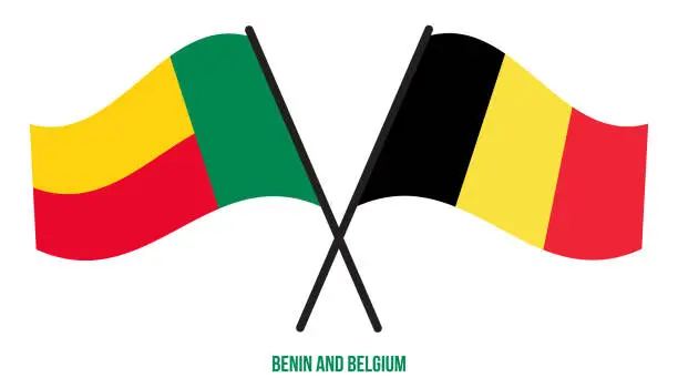 Vector illustration of Benin and Belgium Flags Crossed And Waving Flat Style. Official Proportion. Correct Colors.