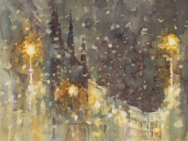 istock Winter illustration with houses on night sky with snow background 1295000408