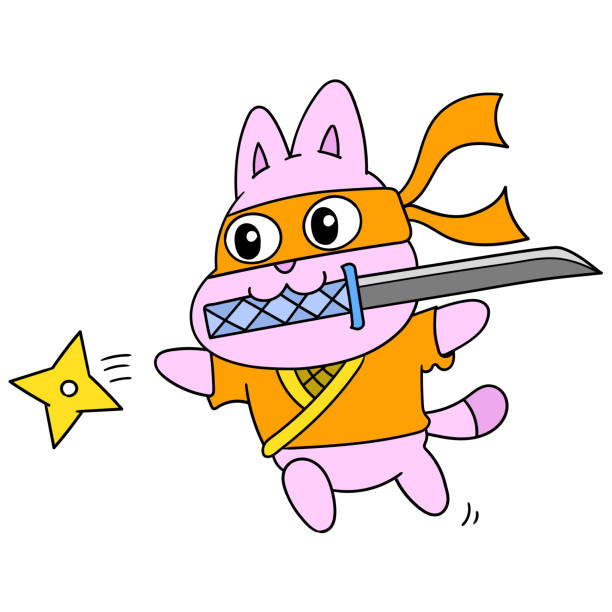 kawaii cartoon ninja bunny carrying a sword and throwing a shuriken kawaii cartoon ninja bunny carrying a sword and throwing a shuriken, character cute doodle draw. vector illustration ninja stars drawing stock illustrations