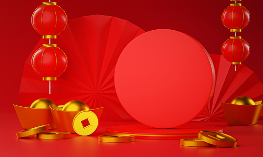 Cylinder Podium, Lantern and Chinese Gold Coin Ingot. Logo Mockup Red Background 3D Rendering