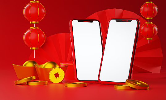 Two Phone Mockup Chinese New Year Promotion. Lantern and Chinese Gold Coin Ingot 3D Rendering