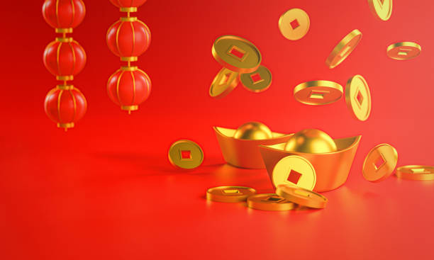 istock Chinese New Year Background. Chinese Gold Coin Falling to Ingot. Lantern 3D Rendering 1295002946