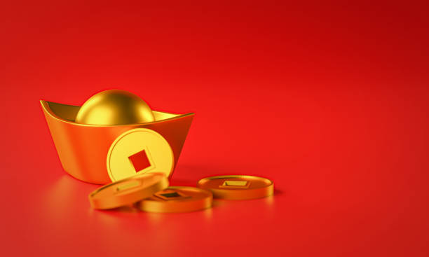 istock Chinese New Year Background. Chinese Gold Coin Ingot. Copy Space 3D Rendering 1295002955