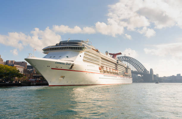 Sydney Australia - April 1, 2016: A bright day in Sydney, and the cruise ship Carnival Spirit is docked at Circular Quay. Beyond we see the iconic shape of the Sydney Harbour Bridge.