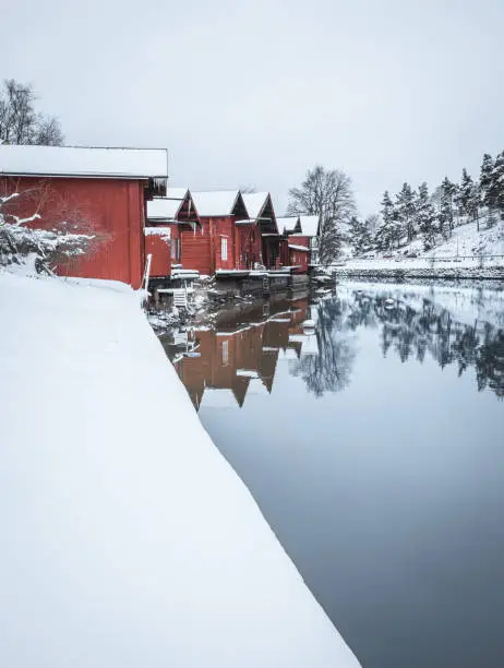 The red houses by the river in the town of Porvoo in Finland at winter.