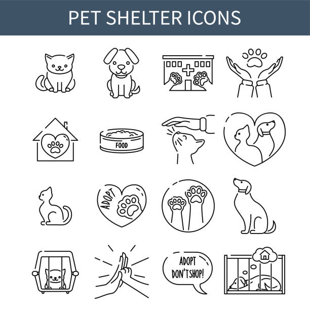 Pet shelter line icons collection, minimalistic design of cats and dogs rescue symbols, vector illustration Pet shelter line icons collection, minimalistic design of cats and dogs rescue symbols, vector illustration animal shelter stock illustrations