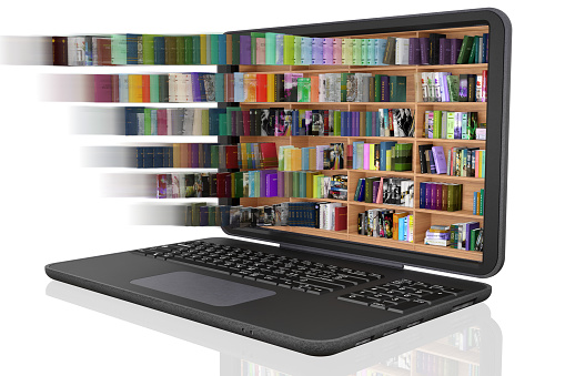 3D illustration. Library, with lots of books, inside a laptop. Ebooks, electronic books, available for download on portable computing device.