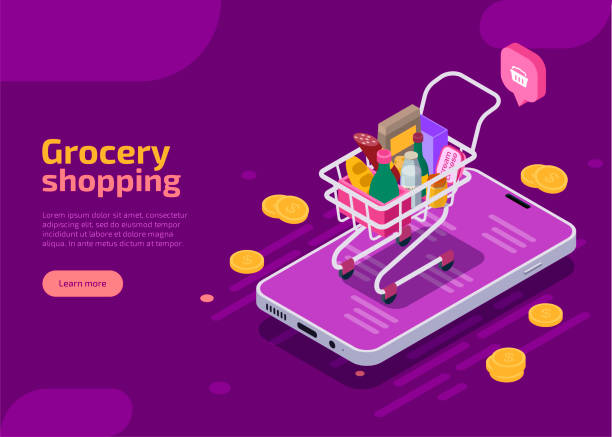 ilustrações de stock, clip art, desenhos animados e ícones de isometric grocery online shopping landing page - supermercado 3d