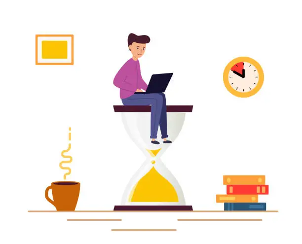 Vector illustration of Young Man sitting on an hourglass and works on laptop. Deadline, Business process,