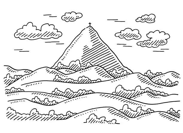 Vector illustration of Single Mountain Rural Landscape Drawing
