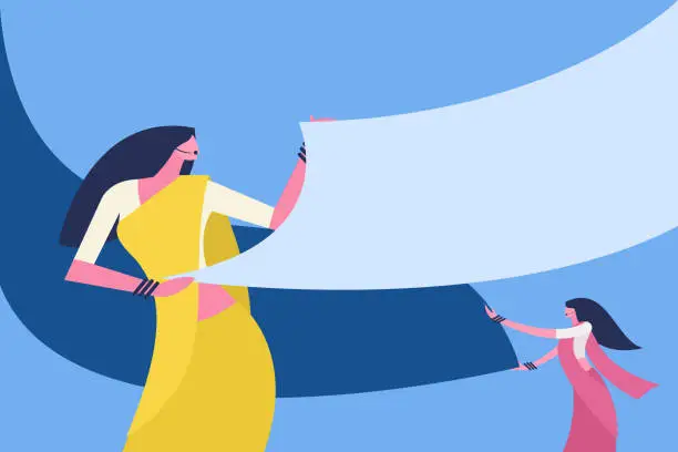 Vector illustration of Indian women drying their traditional wear Sari in the outdoor