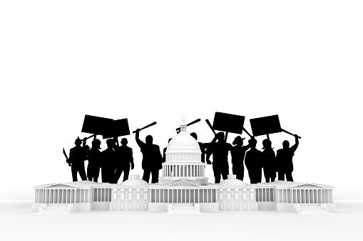 Capitol building under riots attack isolated on white background 3d illustration