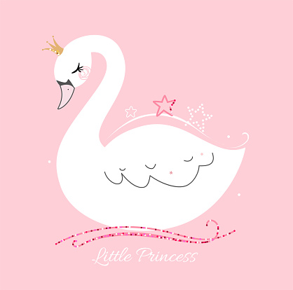 Cute little swan princess on pink background. Trendy style vector.