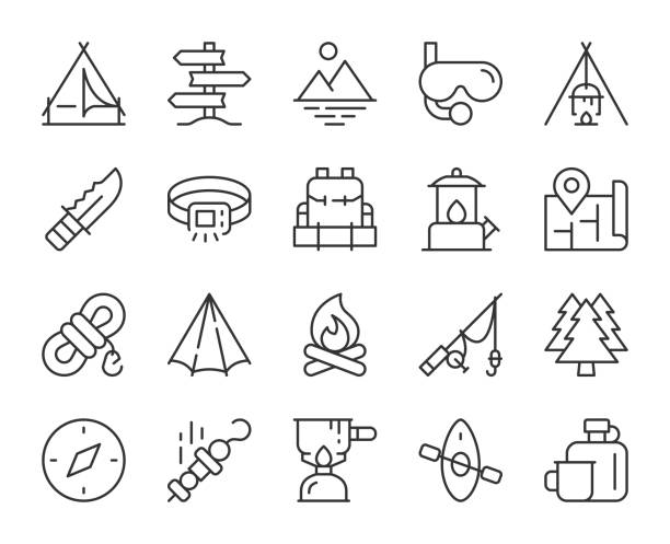 Camping and Outdoor - Light Line Icons Camping and Outdoor Light Line Icons Vector EPS File. grill rods stock illustrations