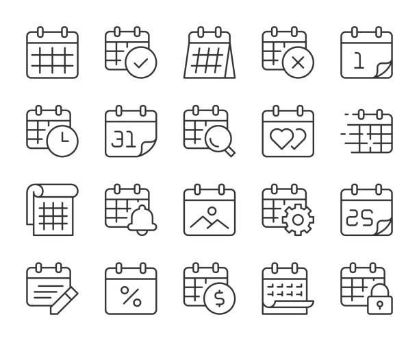 kalendarz - ikony linii świetlnej - calendar personal organizer clock diary stock illustrations