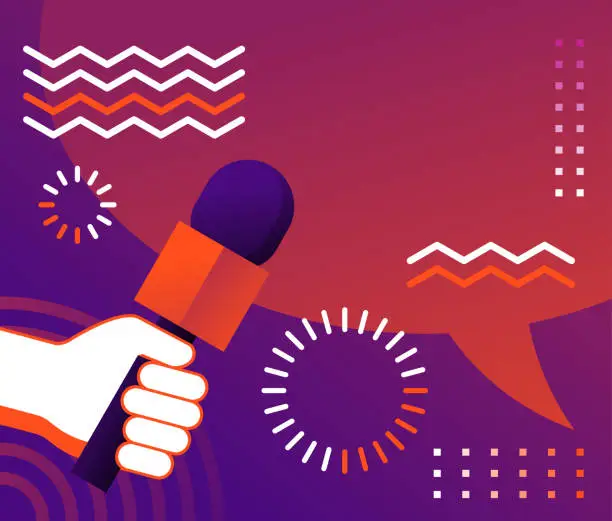 Vector illustration of Hand holding microphone, Media interview, bubble