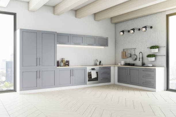 istock Wooden loft kitchen interior with furniture 1295018686
