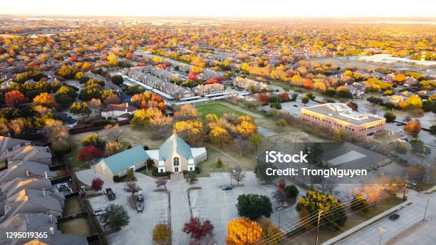 Aerial View New Suburban Houses Neighborhood With Church And Master Planned Community In Coppell Texas Usa Stock Photo - Download Image Now