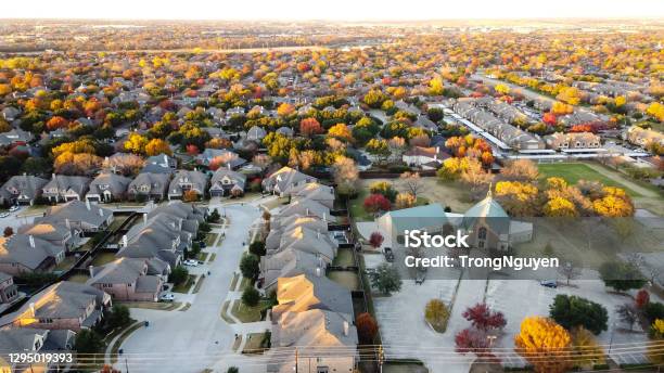 Aerial View New Suburban Houses Neighborhood With Church And Master Planned Community In Coppell Texas Usa Stock Photo - Download Image Now